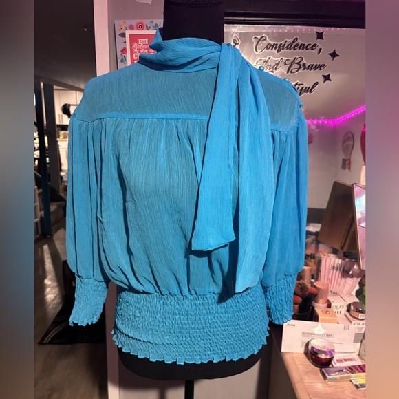 fit to go Tops - NWOT Fit2Go Womens Teal Blue Long-Sleeve Blouse with Neck Tie